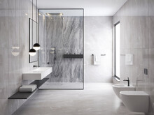 3d Rendering Of A Grey Minimal Stone Bathroom With A Shower Cabin And A Toilet