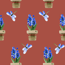 Seamless Pattern With Blue Potted Hyacinths And Cute Dragonflies. Village Scene. Hand-drawn Watercolor Illustrations On A Terracotta Background. For Design Of Wallpaper, Wrapping Paper, Cover, Textile