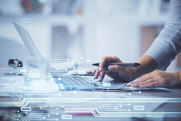 Canvas Print - Double exposure of woman hands working on computer and data theme hologram drawing. Tech concept.