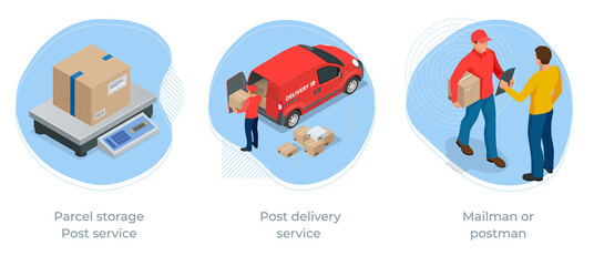 Isometric concept of Parcel storage , Post delivery service and Post service. Post office parcels and correspondence