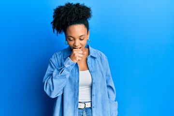 Sticker - Young african american girl wearing casual clothes feeling unwell and coughing as symptom for cold or bronchitis. health care concept.