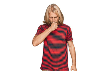 Sticker - Caucasian man with blond long hair wearing casual striped t shirt feeling unwell and coughing as symptom for cold or bronchitis. health care concept.