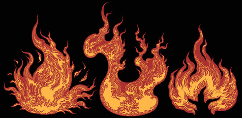 Puffs of flame. Design set. Editable hand drawn illustration. Vector vintage engraving. Isolated on black background. 8 EPS