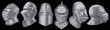Medieval Knight's Helmets. Design set. Hand drawn engraving. Editable vector vintage illustration. Isolated on black background. 8 EPS