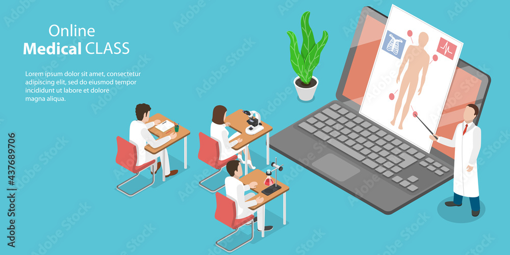 3D Isometric Flat Vector Conceptual Illustration of Online Medical Class, Educational Medicinal Web Conference - obrazy, fototapety, plakaty 