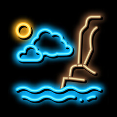 Sticker - Night Sea neon light sign vector. Glowing bright icon Night Sea sign. transparent symbol illustration