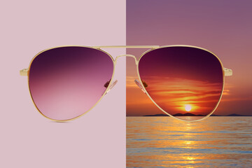 Sticker - aviator sunglasses isolated on pink and summer sunset background with sea and red sky, concept of polarized protective lenses