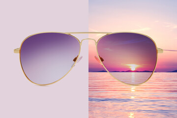 Wall Mural - aviator sunglasses isolated on purple and summer sunset background with sea and red sky, concept of polarized protective lenses