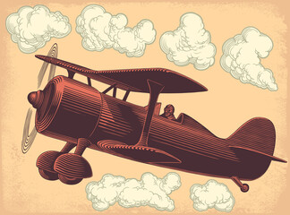 Wall Mural - Airplane in the sky. Hand drawn engraving. Editable vector vintage illustration. Isolated on light background. 8 EPS