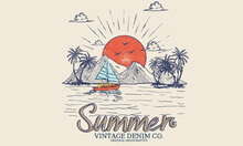 Summer Vintage Graphic Print Design. Beach Vibes With Board Print Design. Hand Sketch Beach Vector Design.