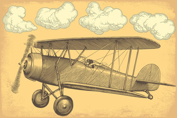 Wall Mural - Airplane in the sky. Hand drawn engraving. Editable vector vintage illustration. Isolated on light background. 8 EPS