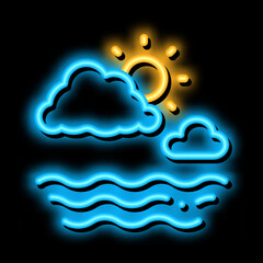 Sticker - Cloudy Weather on Sea neon light sign vector. Glowing bright icon Cloudy Weather on Sea sign. transparent symbol illustration