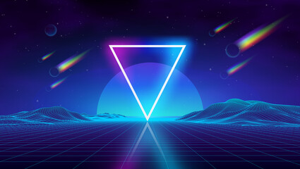 Wall Mural - synth wave retro city landscape background sunset 3d landscape with rainbow comets. futuristic lands
