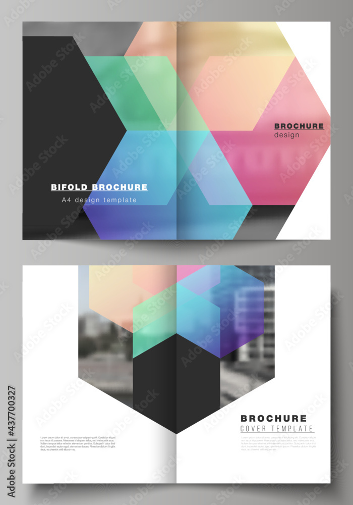 Vector layout of two A4 format cover mockups design templates with colorful hexagons, geometric shapes, tech background for bifold brochure, flyer, magazine, cover design, book design, brochure cover. - obrazy, fototapety, plakaty 