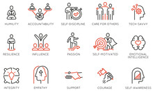 Vector Set Of Linear Icons Related To Leadership Traits, Qualities For Success. Development And Teamwork. Mono Line Pictograms And Infographics Design Elements - Part 4