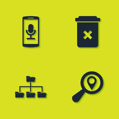Poster - Set Mobile recording, Search location, Folder tree and Trash can icon. Vector