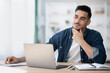 © Prostock-studio - Dreamy young man sitting at office, looking at copy space