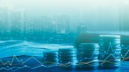 Wall Mural - Financial investment concept, Double exposure of stack of coins and city for finance investor, Forex trading market candlestick chart, Cryptocurrency Digital economy. investing growing.economy trends