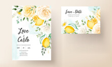 Summer Watercolor Floral With Botanical Lemon Fruit Wedding Card Set