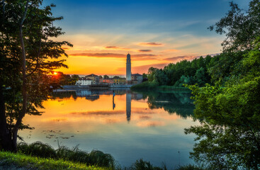 The Sile river at sunset, on the background the Casier harbour and church.  photo taken on the restera walkway.