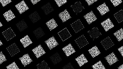 Aufkleber - Abstract diagonal rows of square shaped black and white QR codes moving slowly on black background. Animation. Concept of digital information, monochrome.