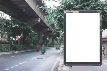 Wall Mural - big blank billboard white led screen vertical outstanding in the city side the road traffic for disp