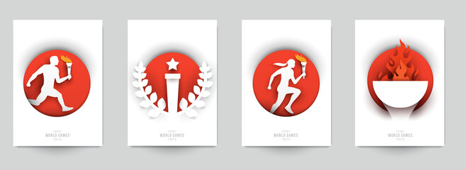 Wall Mural - Set templates for action sport games in modern paper cut style. Minimalistic design elements. Creative concept for branding background banner, poster, card, cover. Vector illustration.