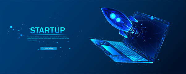 Poster - The concept of starting a business for a web page, banner, presentation, social networks. Polygon with a spaceship or space rocket. Launch of a startup business project. Laptop rocket launch.