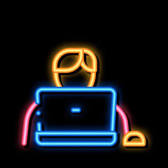 Poster - Man Play Laptop neon light sign vector. Glowing bright icon Man Play Laptop sign. transparent symbol illustration