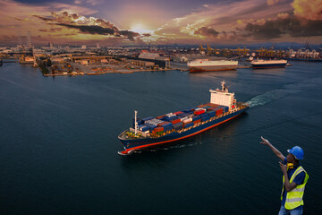 Wall Mural - container ship sailing in the sea commercial port of international and over the sunlight background