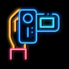 Poster - Video Camera neon light sign vector. Glowing bright icon Video Camera sign. transparent symbol illustration