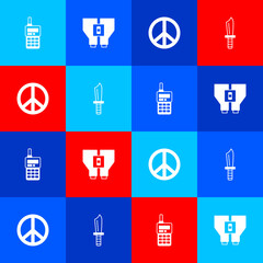 Wall Mural - Set Walkie talkie, Binoculars, Peace and Military knife icon. Vector