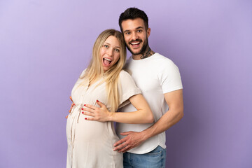 Poster - Young couple pregnant and doing surprise gesture