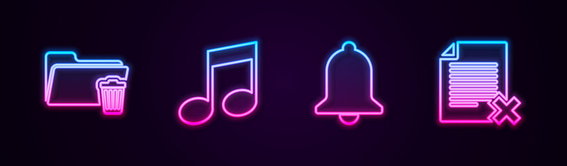 Sticker - Set line Delete folder, Music note, tone, Ringing bell and file document. Glowing neon icon. Vector