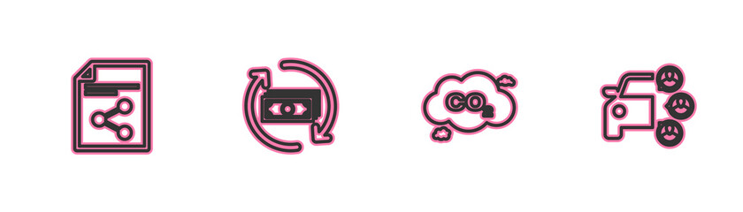 Sticker - Set line Share file, CO2 emissions in cloud, Refund money and Car sharing icon. Vector