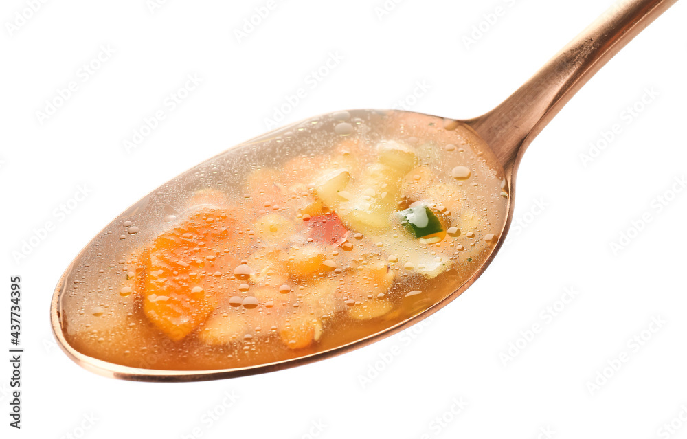 Spoon of tasty lentil soup on white background
