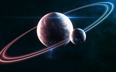 Wall Mural - deep space planets in light of blue and red star. beautiful cosmic landscape. 3d render. science fic