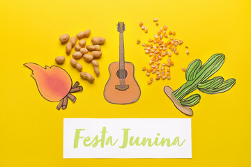 Wall Mural - Symbols of Festa Junina (June Festival) with corn and peanuts on color background