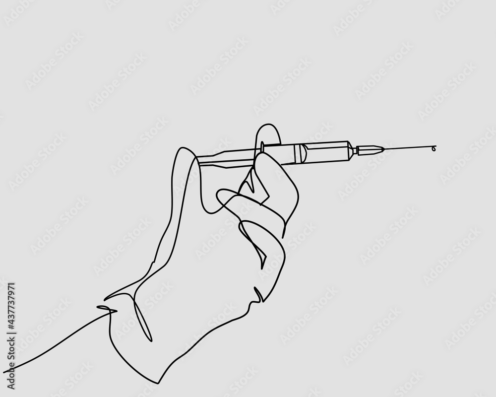 Continuous line, Syringe, medical injection in hand. Drawing of set ...