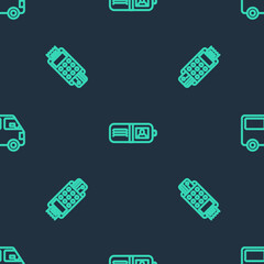 Poster - Set line Wallet, POS terminal with credit card and Delivery cargo truck vehicle on seamless pattern. Vector