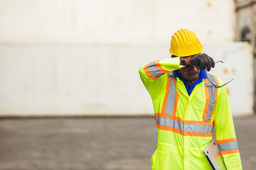 tired stress worker sweat from hot weather in summer working in port goods cargo shipping logistic g