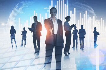 Poster - Businesswoman with outstretched hand to shake, teamwork and digital earth globe