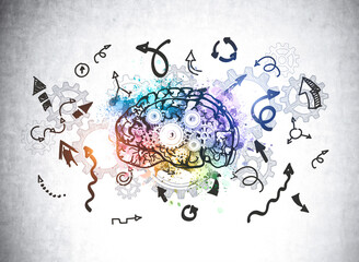 Wall Mural - creative colourful brain sketch with gears, arrows and lines