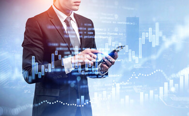Poster - Businessman with phone in hands, stock market changes and skyscrapers