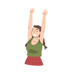 Poster - Happy Girl Raising her Hands, Smiling Girl Wearing Casual Clothes Having Fun or Celebrating Success Cartoon Vector Illustration