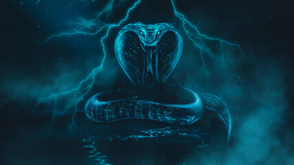 Wall Mural - mystical snake, red neon light. dark fantastic landscape, night view, light reflection in the water.