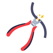 Red Wire Cutters Are Cutting The Electrical Cable. Flat Vector Illustration.