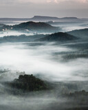 Fototapeta Na ścianę - Morning foggy landscape viewed from Mariina skála (Marienfels), Bohemian Switzerland, Czechia