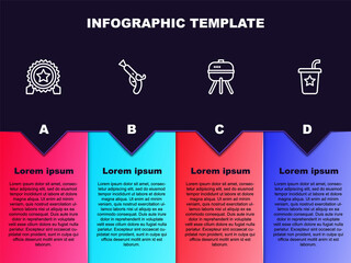 Sticker - Set line Medal with star, Vintage pistols, Barbecue grill and Paper glass straw. Business infographic template. Vector