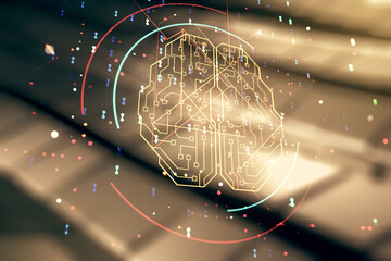 Poster - Virtual creative artificial Intelligence hologram with human brain sketch on blurry abstract metal background. Multiexposure